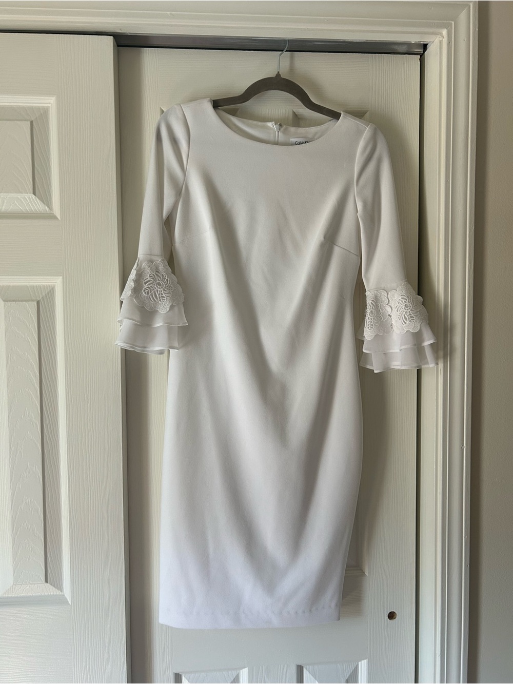 Calvin Klein Body Con Dress with Lace Bell Sleeves